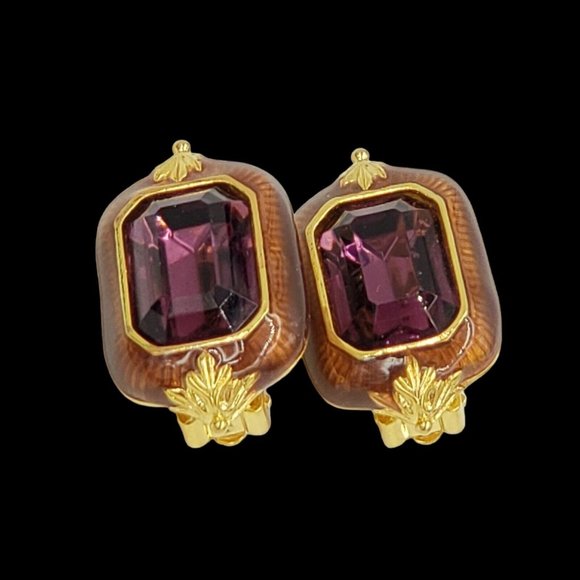 BEREBI Vintage Purple Enamel Rhinestone Clip Earrings Gold Tone Signed - Picture 12 of 12